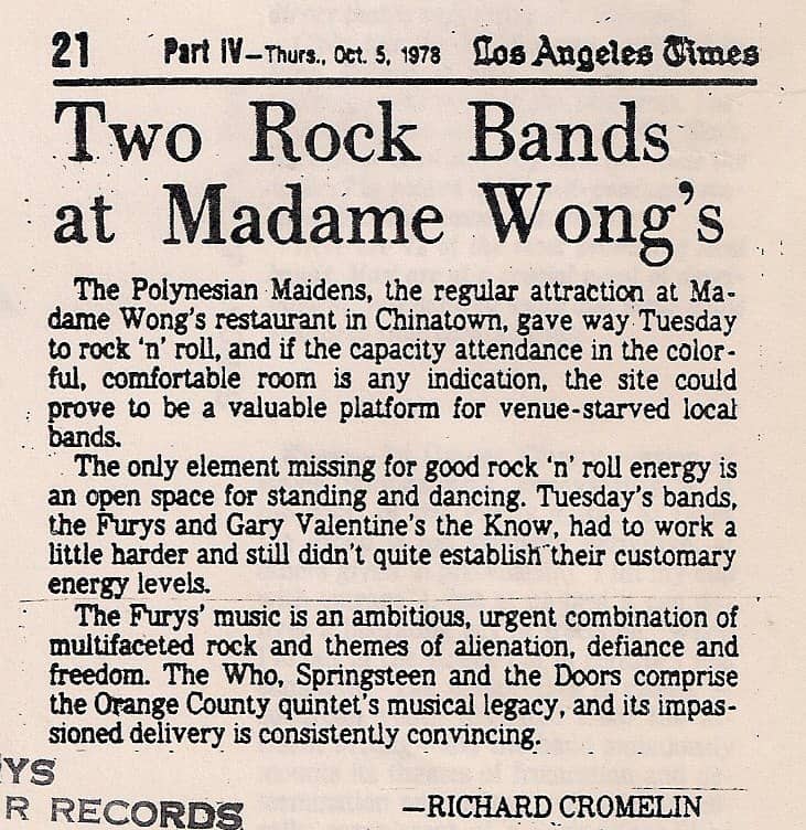 LA Times coverage of The Furys at Madame Wong’s, 1978