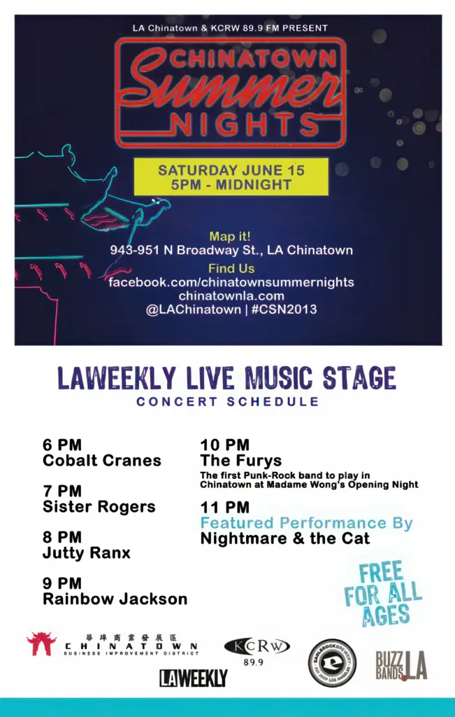 Chinatown Summer Nights flyer, June 15, 2013, with The Furys on the LA Weekly Live Music Stage at 10pm